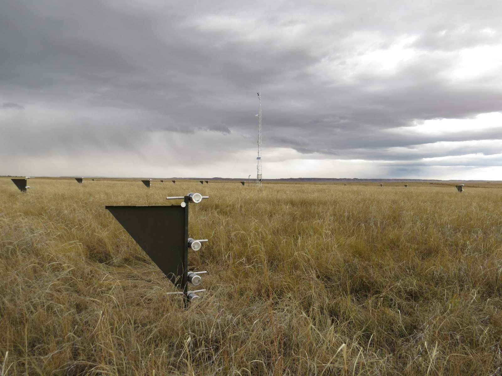 Photo of the Central Plains Experimental Range (LTAR) Network site showing MWAC sediment samplers and meteorological tower in the shortgrass steppe.